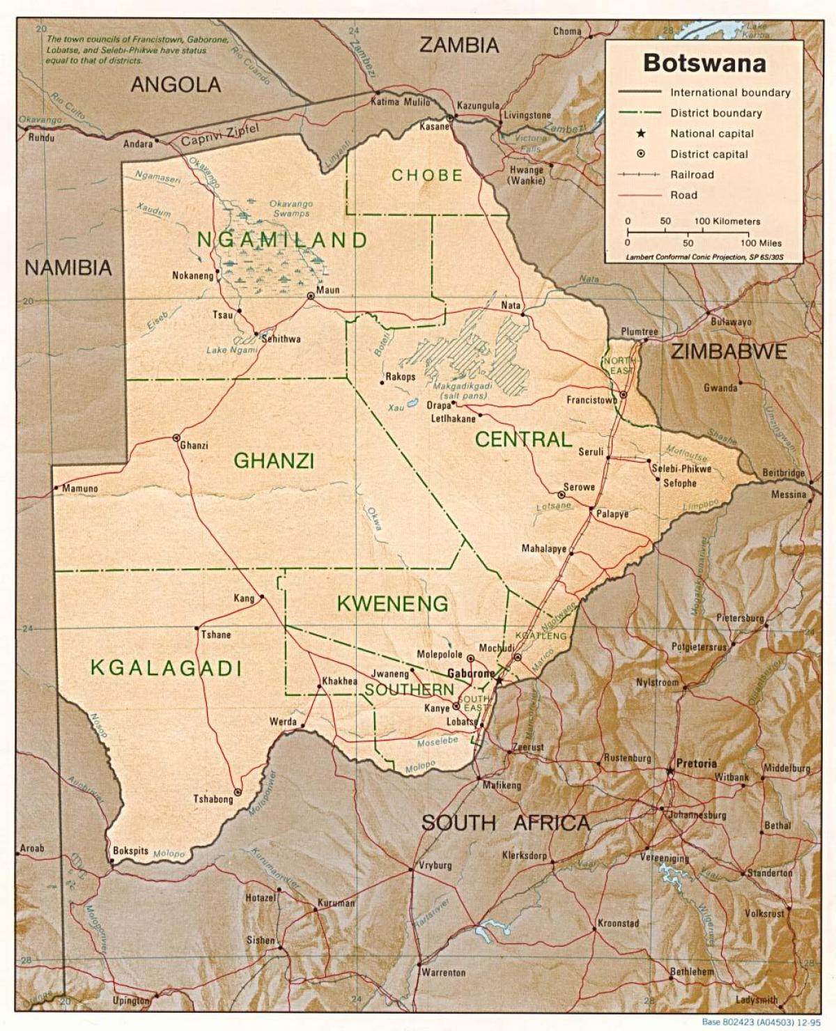karta Bocvana pokazujući gradova i sela